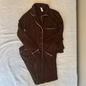 2pc Set Brown Button-Up Pajama Top and Pants with White Trim